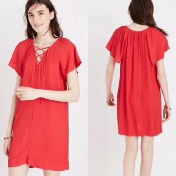 Madewell Lace Up Flutter Sleeve Flowy Mini Dress Red Size XXS - Picture 1 of 6